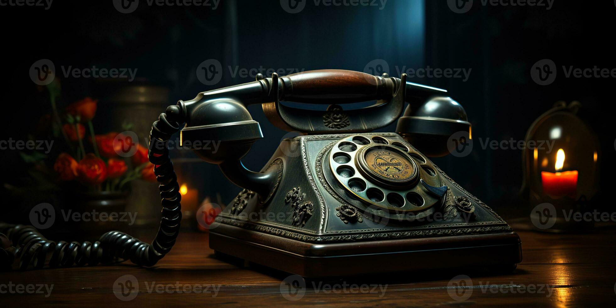 AI Generated. AI Generative. Classic retro vintage antique telephone talk phone on wooden table. Graphic Art photo