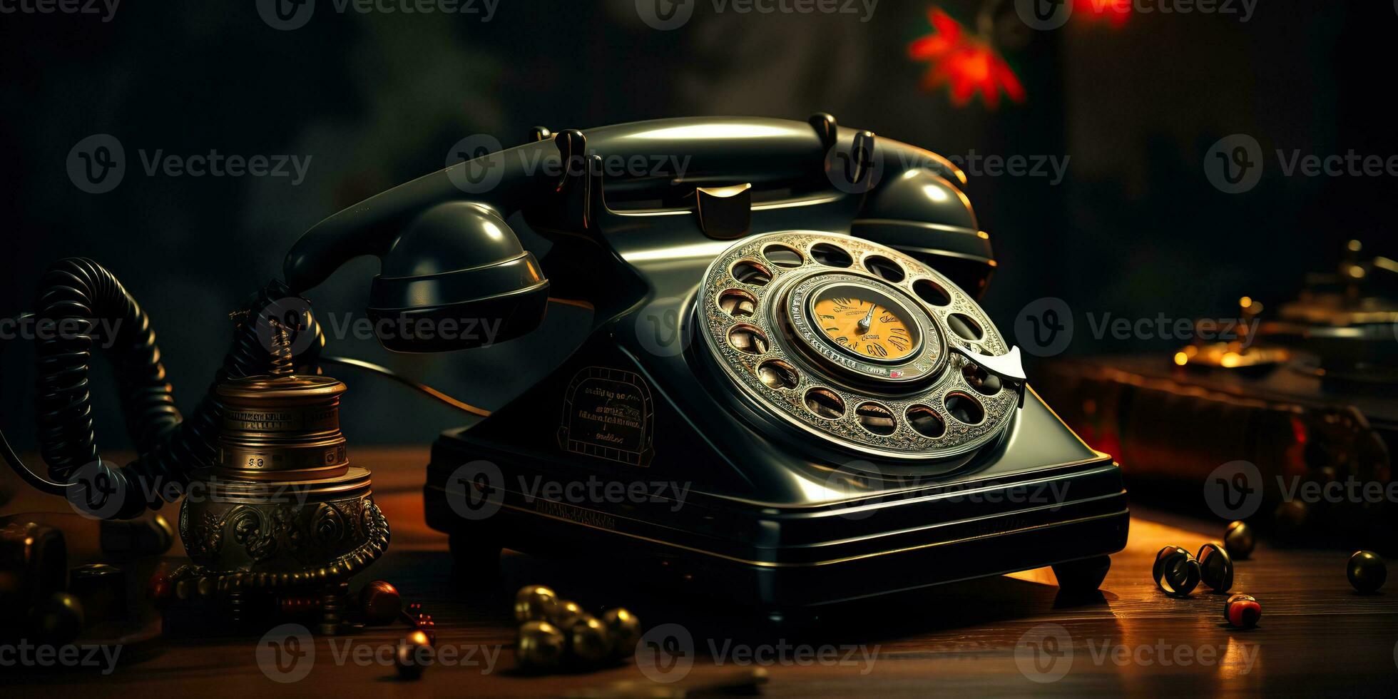 AI Generated. AI Generative. Classic retro vintage antique telephone talk phone on wooden table. Graphic Art photo