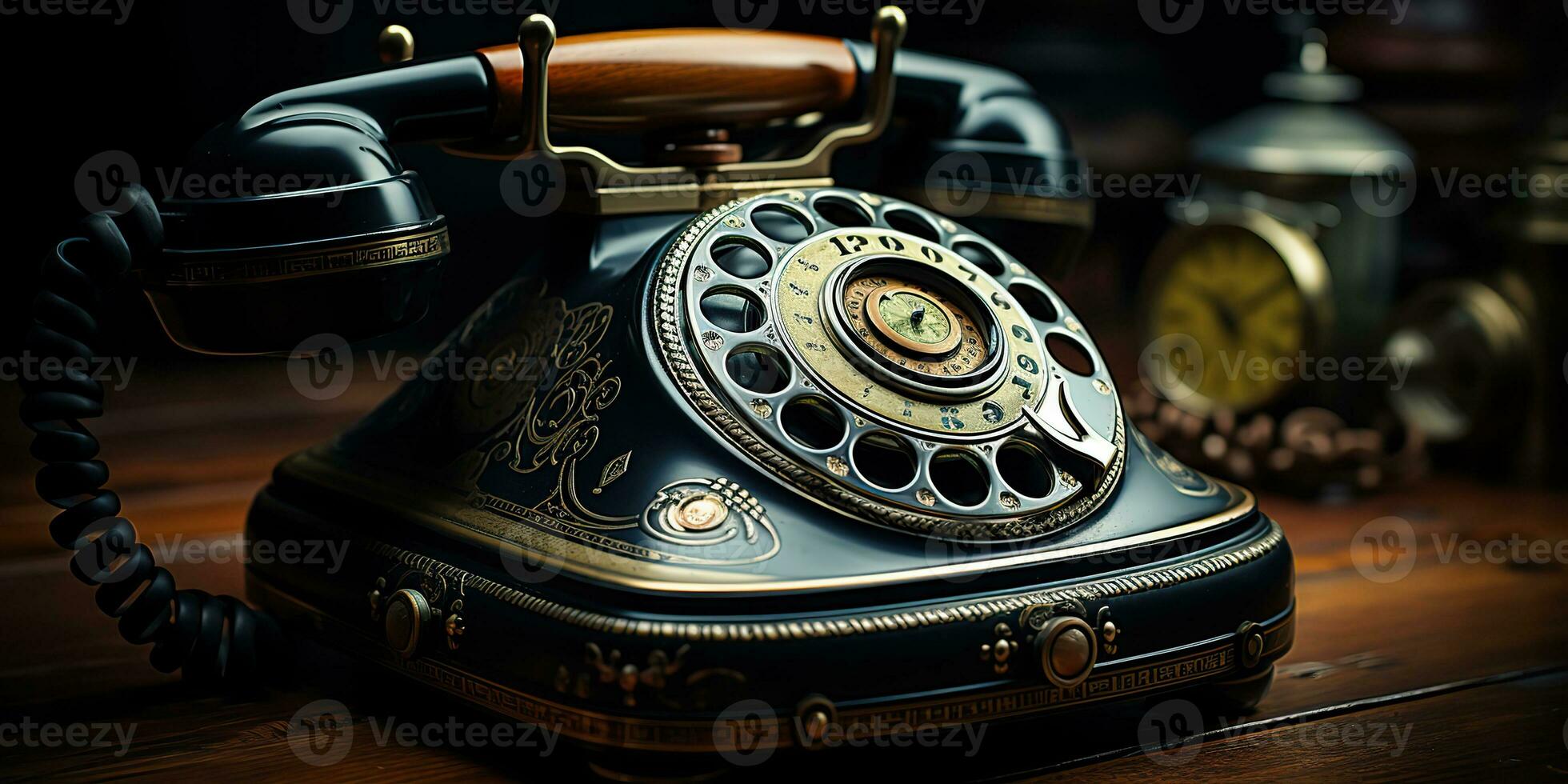 AI Generated. AI Generative. Classic retro vintage antique telephone talk phone on wooden table. Graphic Art photo