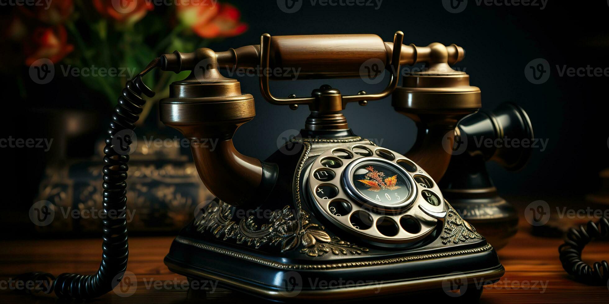 AI Generated. AI Generative. Classic retro vintage antique telephone talk phone on wooden table. Graphic Art photo