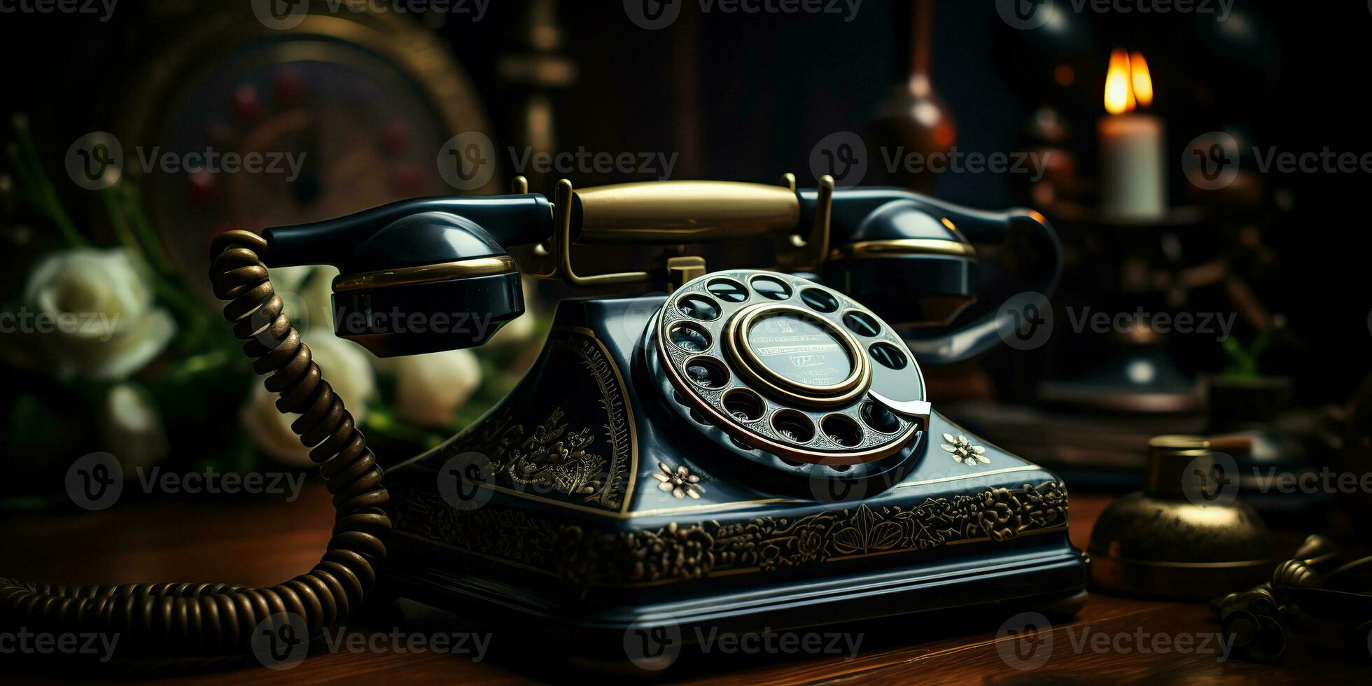 AI Generated. AI Generative. Classic retro vintage antique telephone talk phone on wooden table. Graphic Art photo