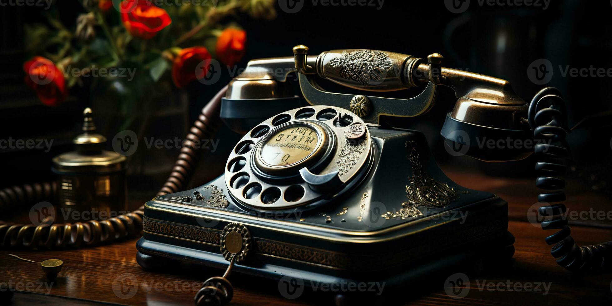 AI Generated. AI Generative. Classic retro vintage antique telephone talk phone on wooden table. Graphic Art photo