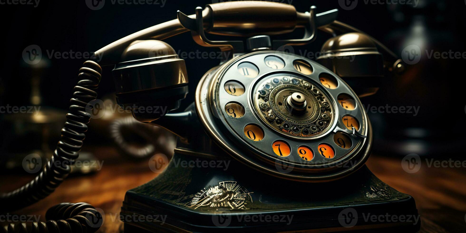 AI Generated. AI Generative. Classic retro vintage antique telephone talk phone on wooden table. Graphic Art photo