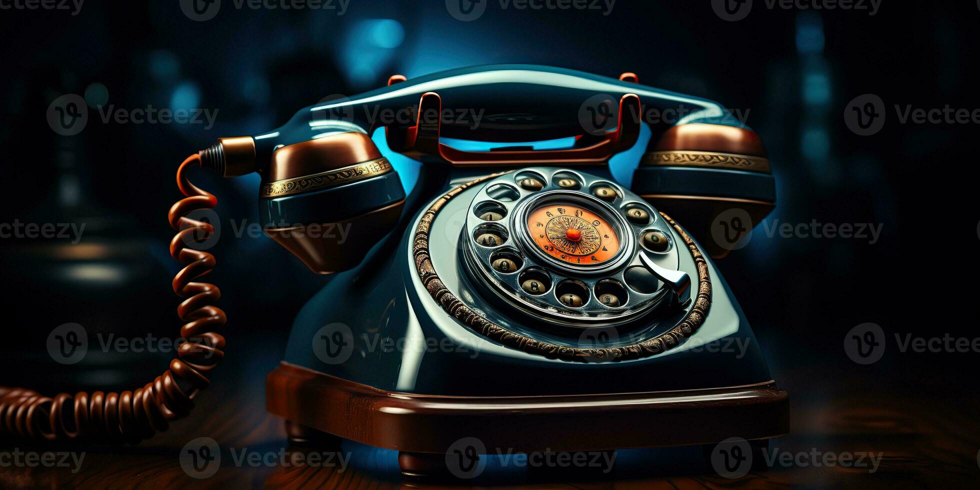 AI Generated. AI Generative. Classic retro vintage antique telephone talk phone on wooden table. Graphic Art photo