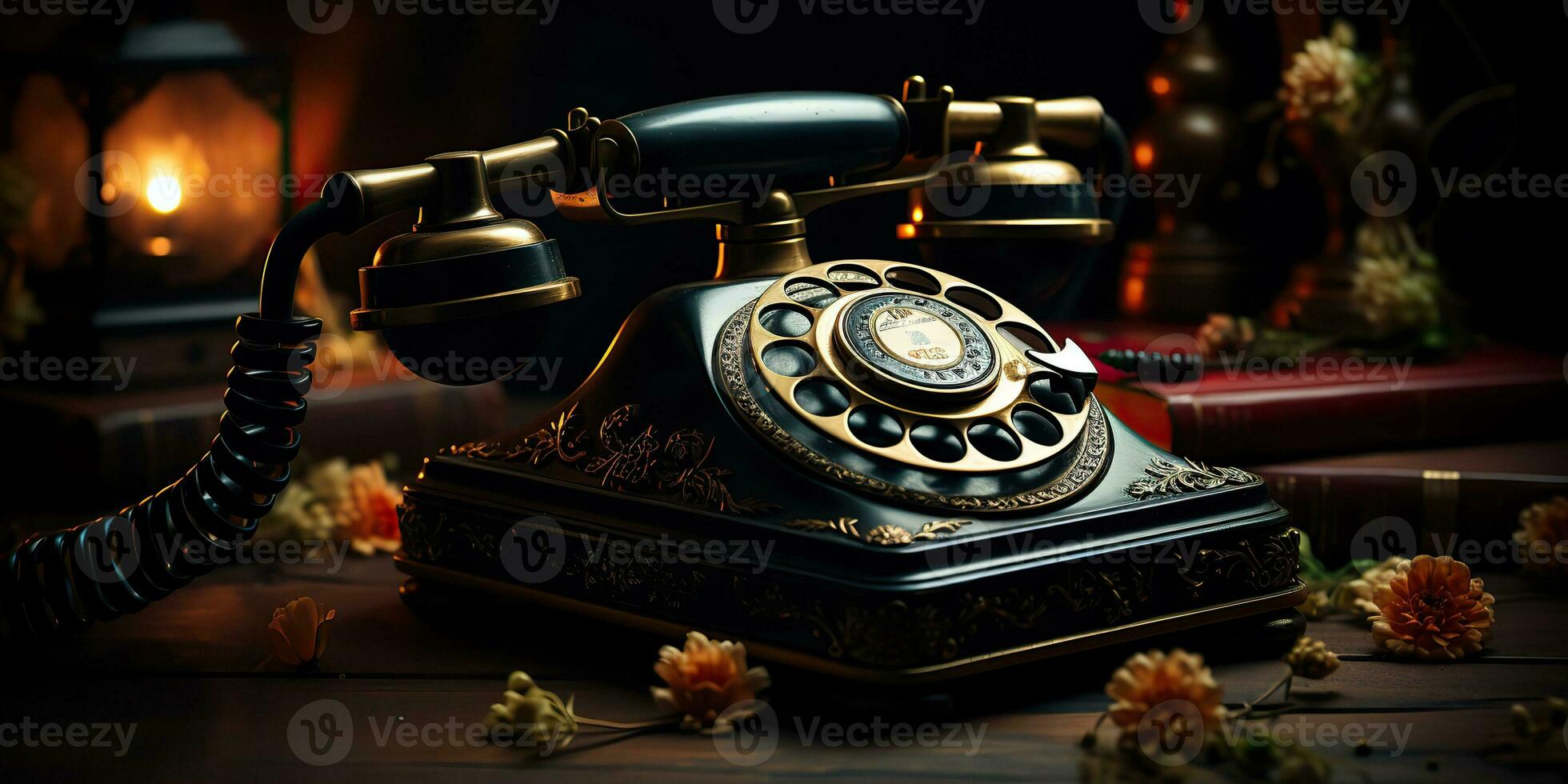 AI Generated. AI Generative. Classic retro vintage antique telephone talk phone on wooden table. Graphic Art photo