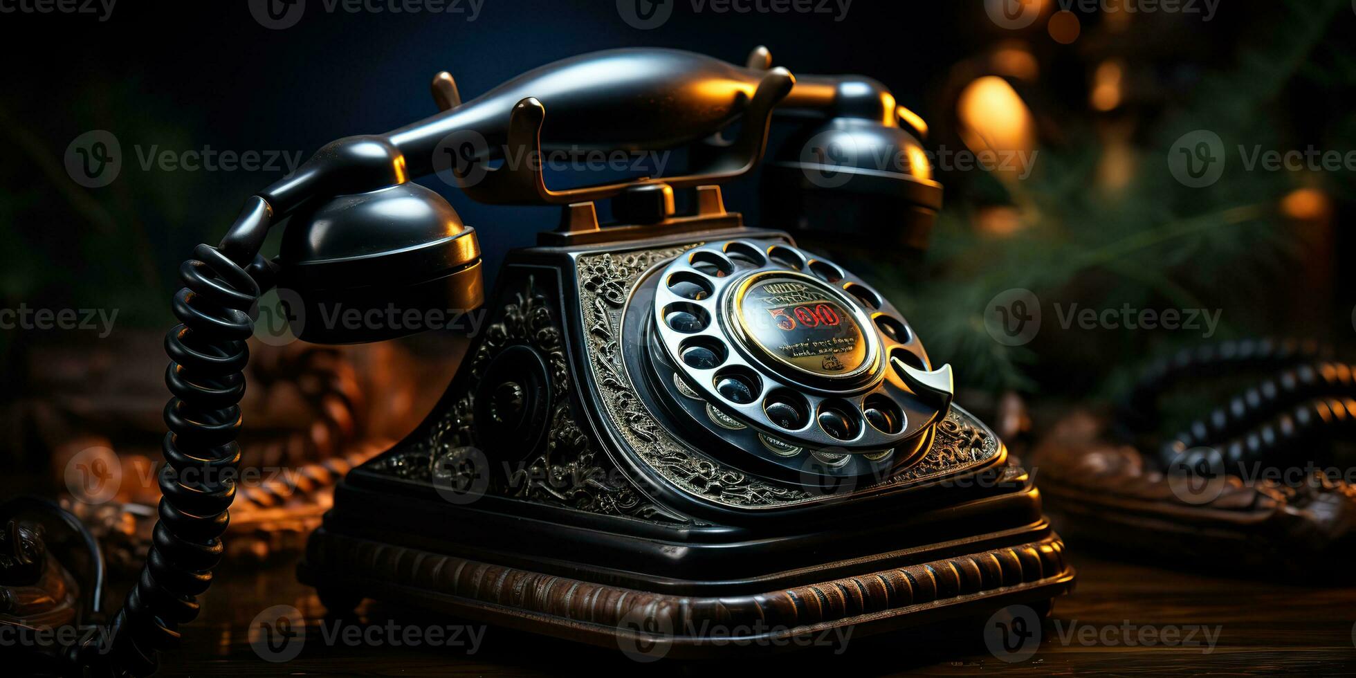 AI Generated. AI Generative. Classic retro vintage antique telephone talk phone on wooden table. Graphic Art photo