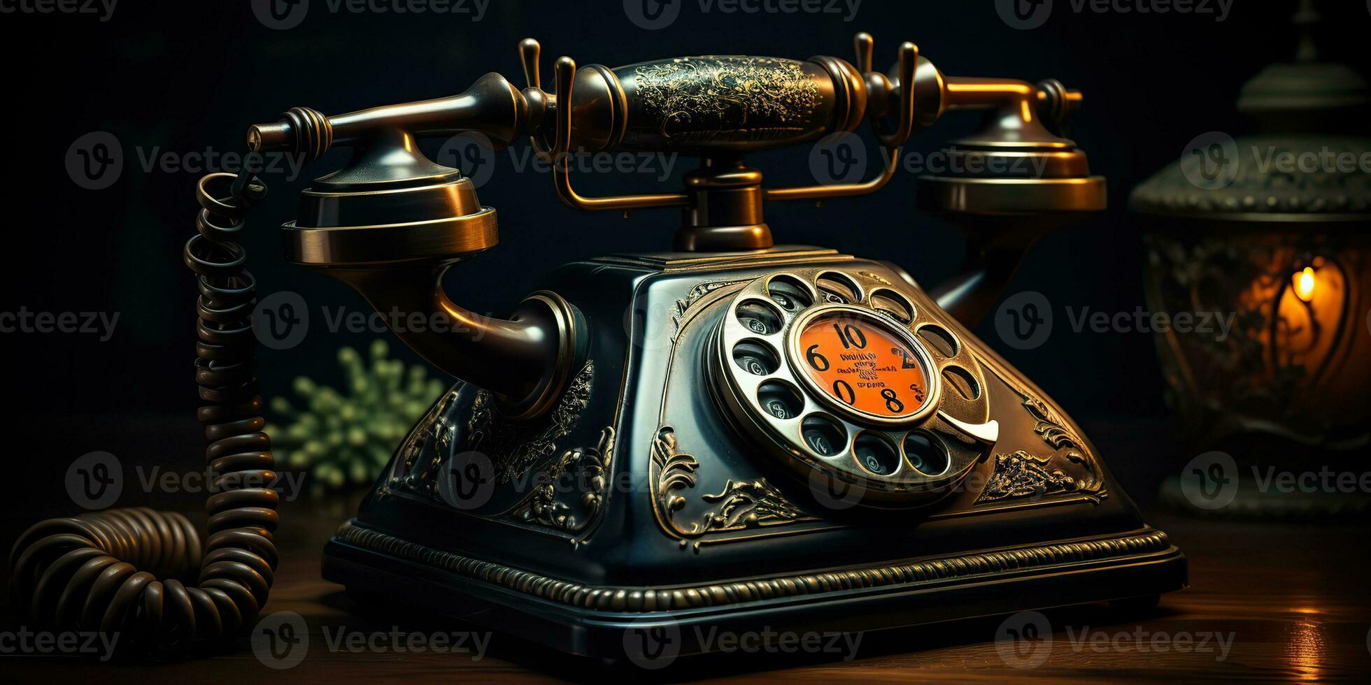 AI Generated. AI Generative. Classic retro vintage antique telephone talk phone on wooden table. Graphic Art photo