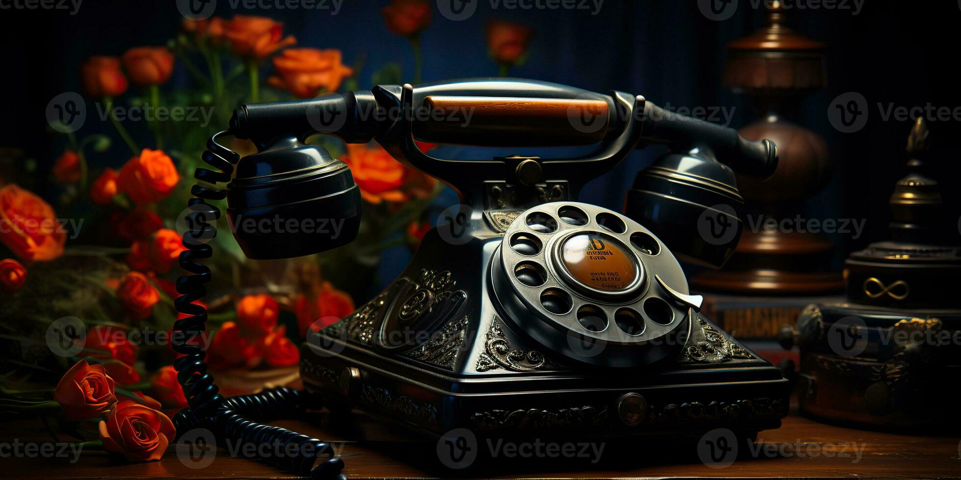 AI Generated. AI Generative. Classic retro vintage antique telephone talk phone on wooden table. Graphic Art photo