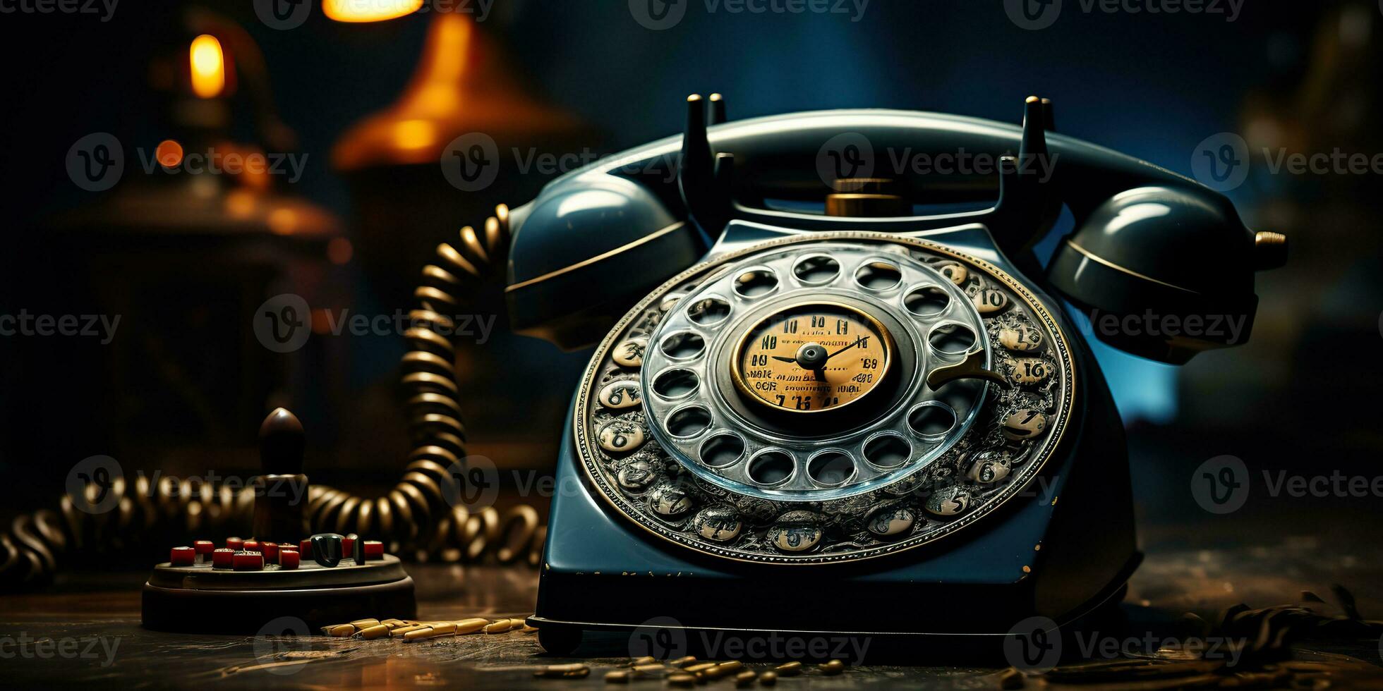 AI Generated. AI Generative. Classic retro vintage antique telephone talk phone on wooden table. Graphic Art photo