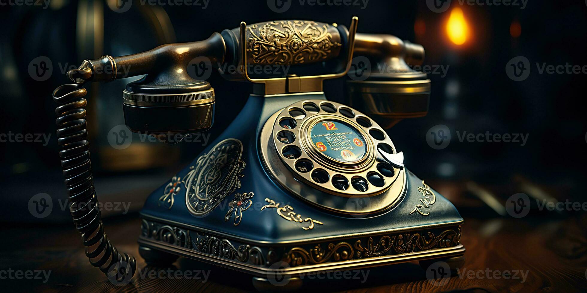 AI Generated. AI Generative. Classic retro vintage antique telephone talk phone on wooden table. Graphic Art photo