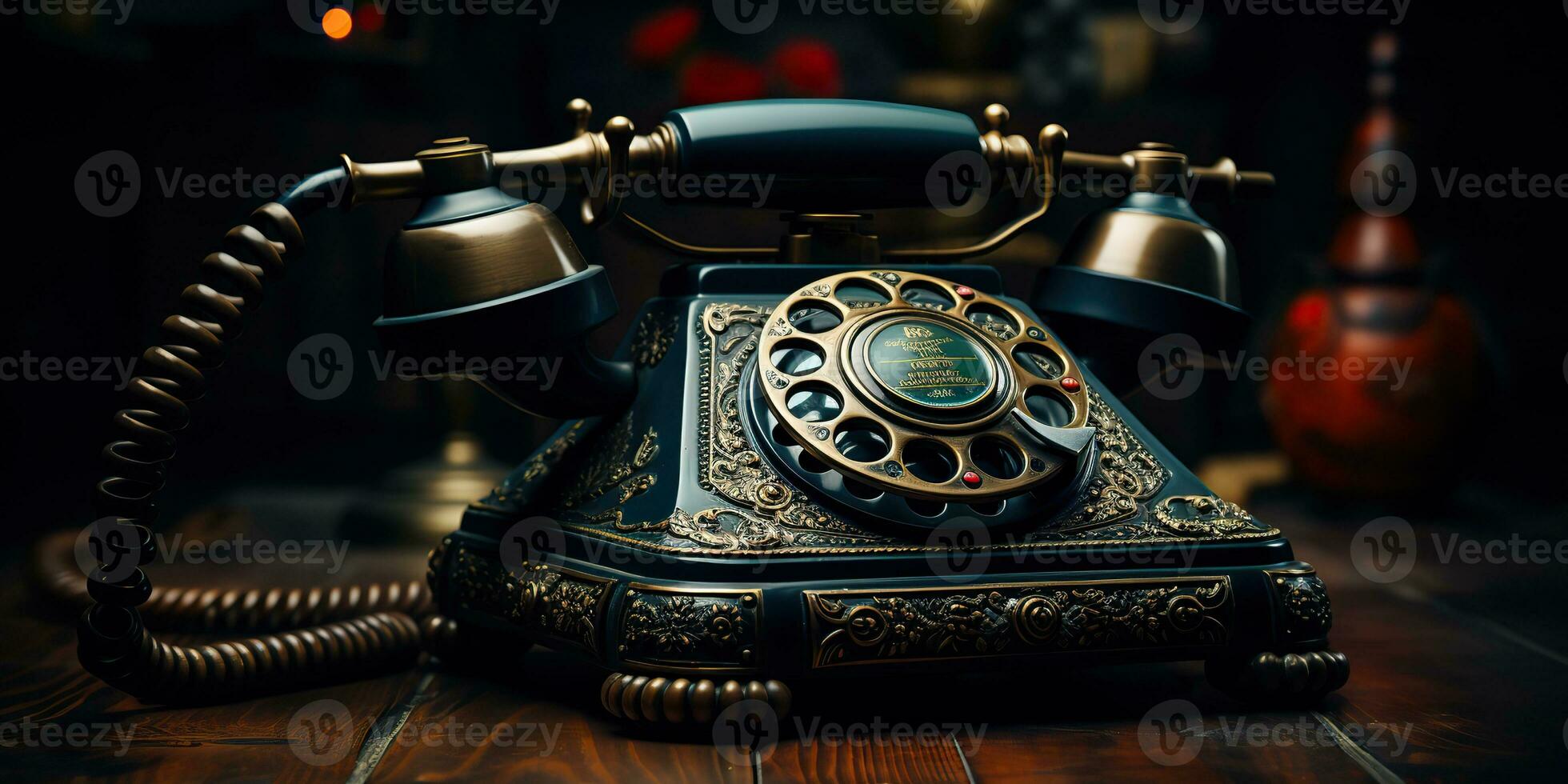 AI Generated. AI Generative. Classic retro vintage antique telephone talk phone on wooden table. Graphic Art photo