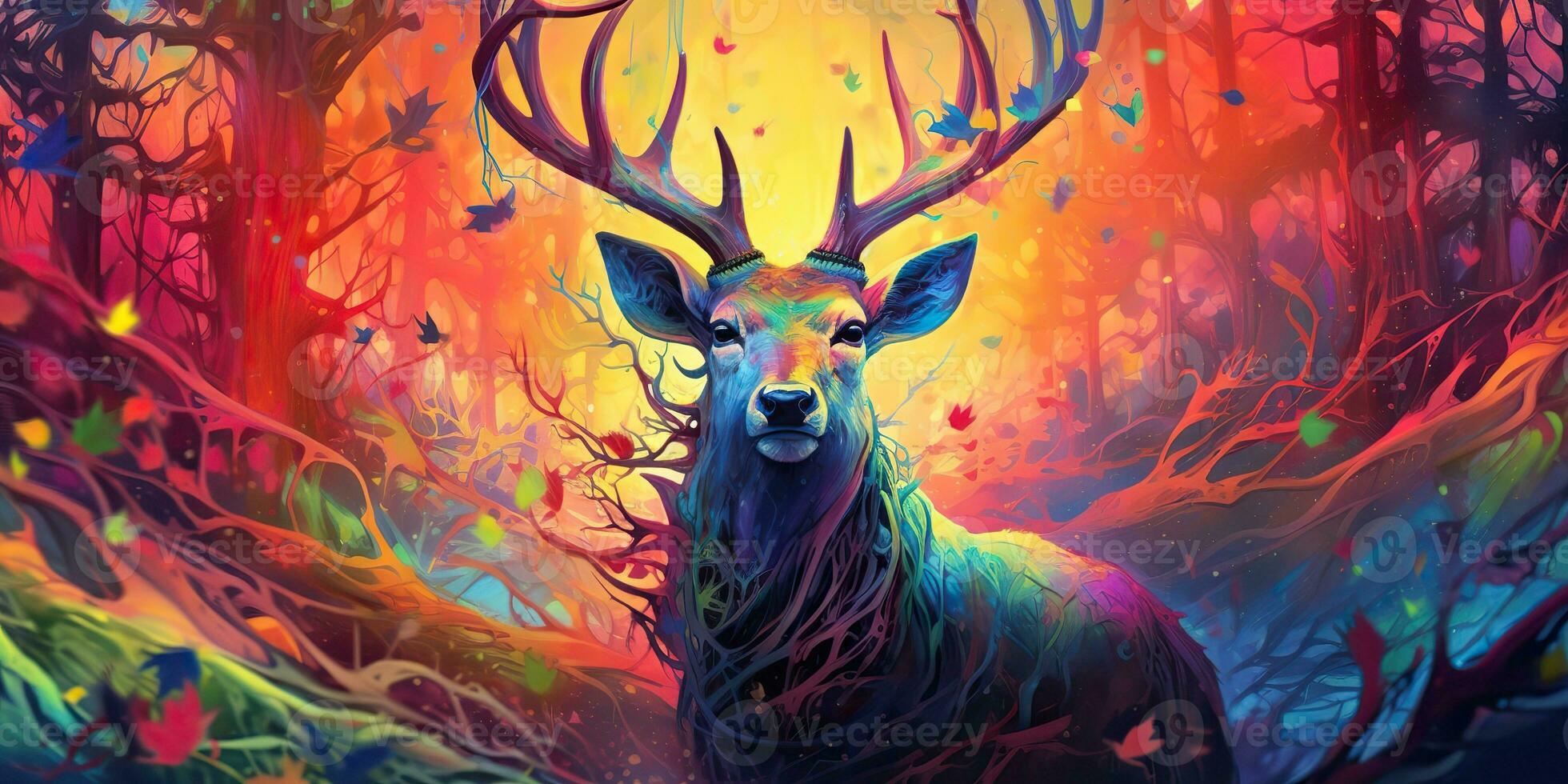 AI Generated. AI Generative. psychedelic  stag deer animal. Ink brush draw paint sketch street art vibrant colors. Wild life mammal nature style. Graphic Art photo