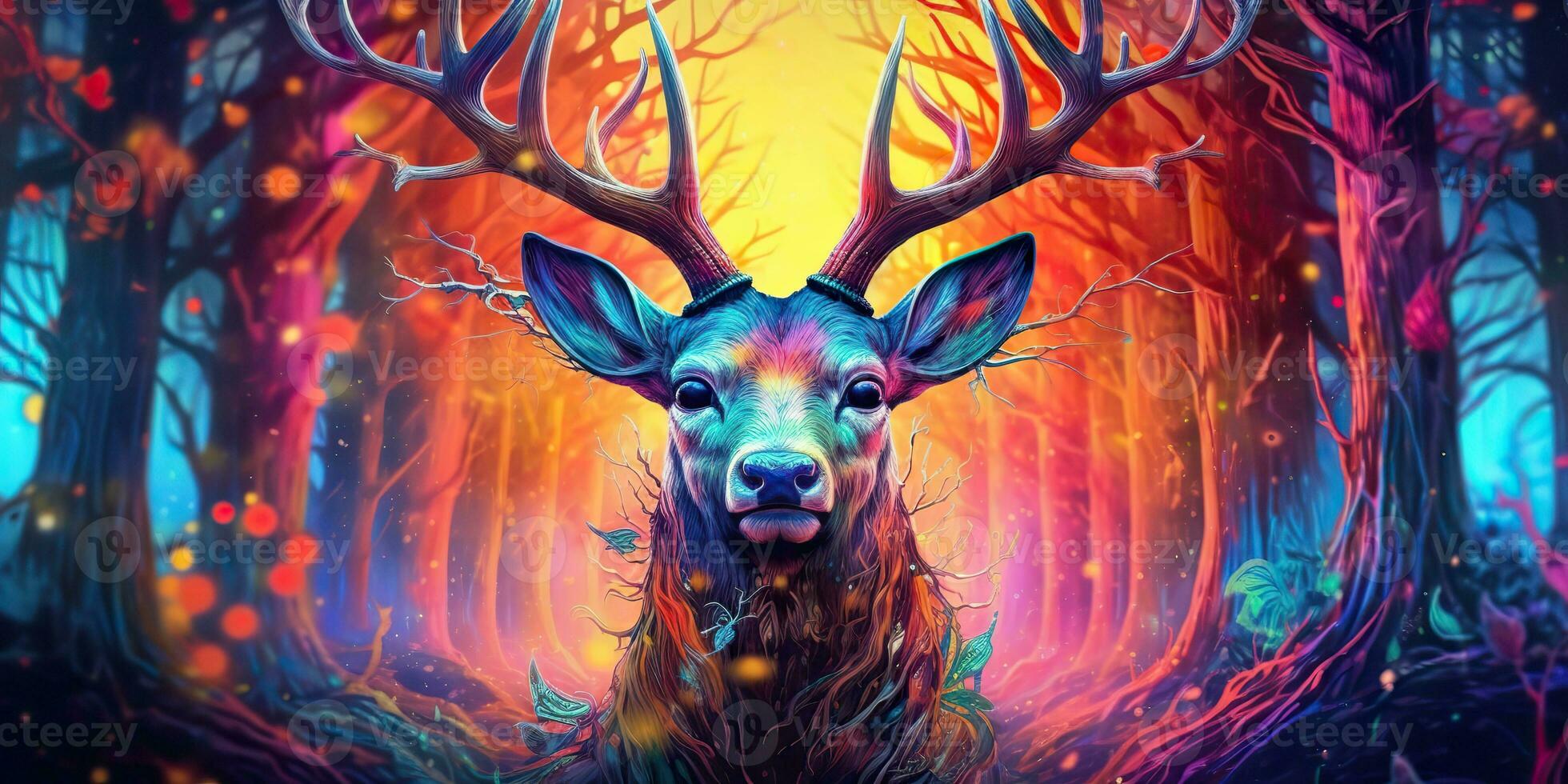 AI Generated. AI Generative. psychedelic  stag deer animal. Ink brush draw paint sketch street art vibrant colors. Wild life mammal nature style. Graphic Art photo