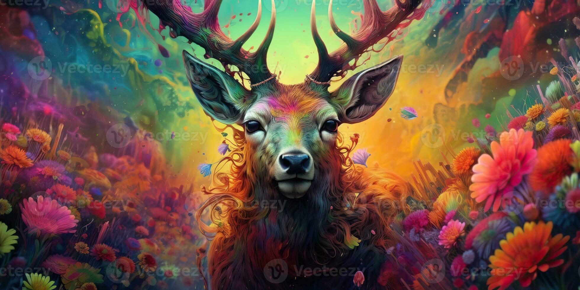 AI Generated. AI Generative. psychedelic  stag deer animal. Ink brush draw paint sketch street art vibrant colors. Wild life mammal nature style. Graphic Art photo