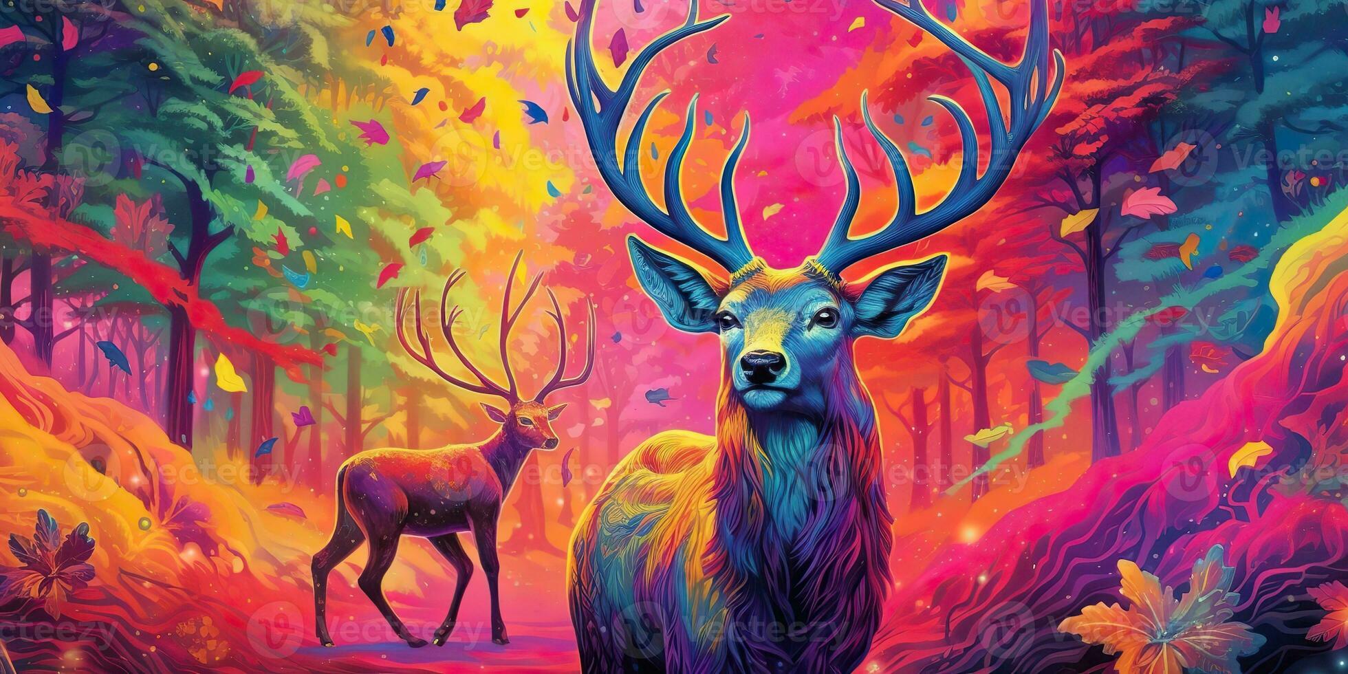 AI Generated. AI Generative. psychedelic  stag deer animal. Ink brush draw paint sketch street art vibrant colors. Wild life mammal nature style. Graphic Art photo