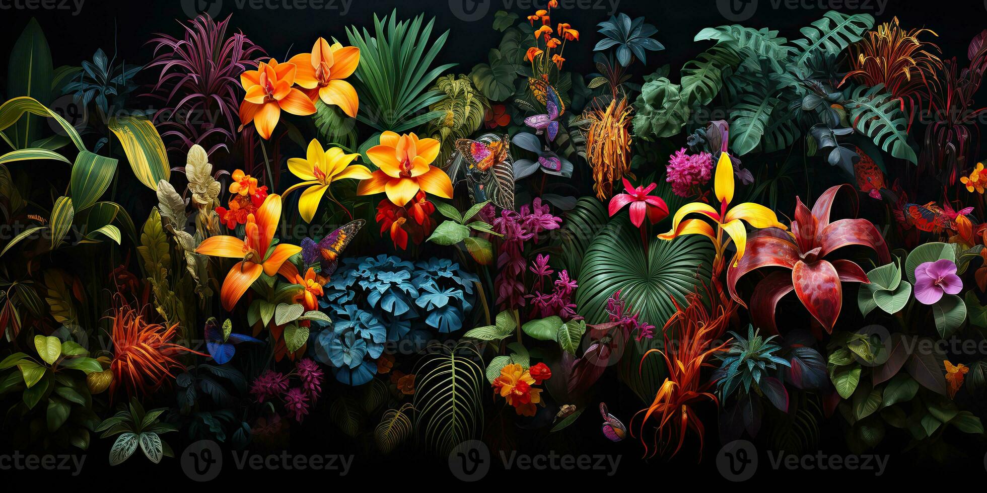 AI Generated. AI Generative. Notanical herbal exotic tropical plants herbs flowers botanical foliage background nature jungle lanfscape. Graphic Art photo