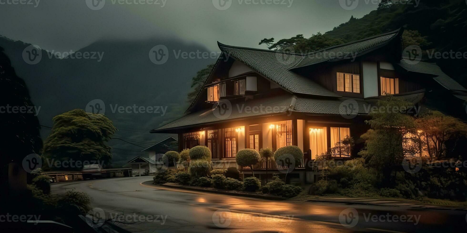 AI Generated. AI Generative. Dark nigh luxury house close to the road. Countryside farm outdoor nature scary vibe. Graphic Art photo