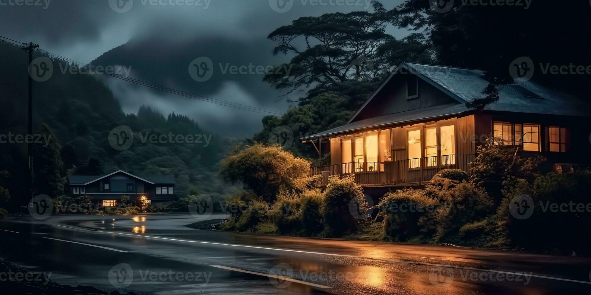 AI Generated. AI Generative. Dark nigh luxury house close to the road. Countryside farm outdoor nature scary vibe. Graphic Art photo