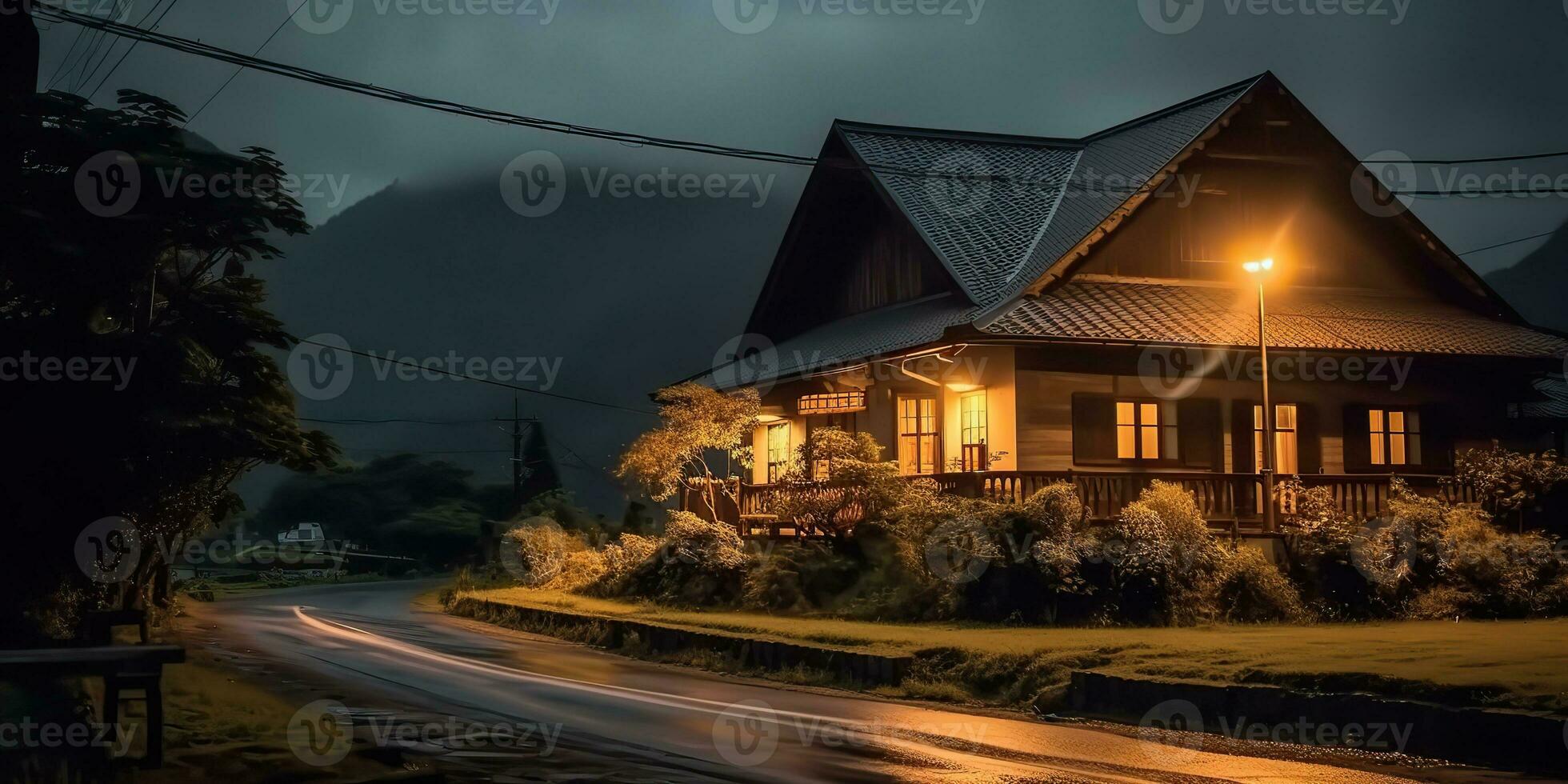 AI Generated. AI Generative. Dark nigh luxury house close to the road. Countryside farm outdoor nature scary vibe. Graphic Art photo