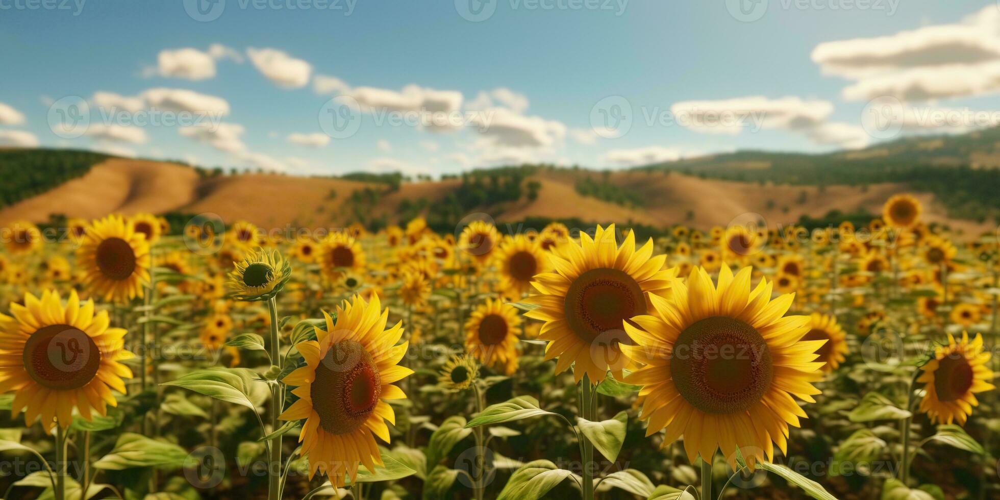 AI Generated. AI Generative. Sunflowers field at sunny day. Nature outdoor wil explore farm harvest day vibe. Graphic Art photo