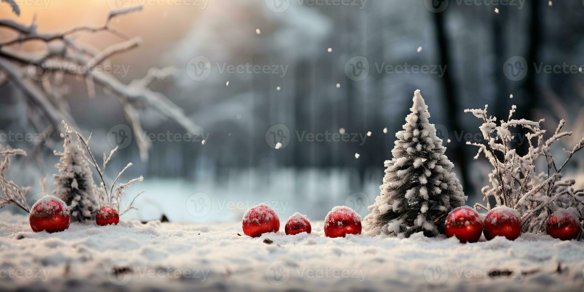 AI Generated. AI Generative. Merry Christmas New Year xmas holiday winter season with outdoor tree snow and red ball gifts. Graphic Art photo