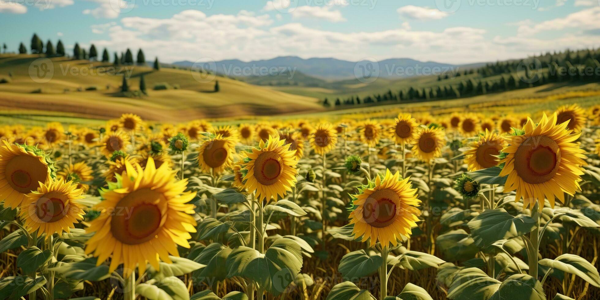 AI Generated. AI Generative. Sunflowers field at sunny day. Nature outdoor wil explore farm harvest day vibe. Graphic Art photo