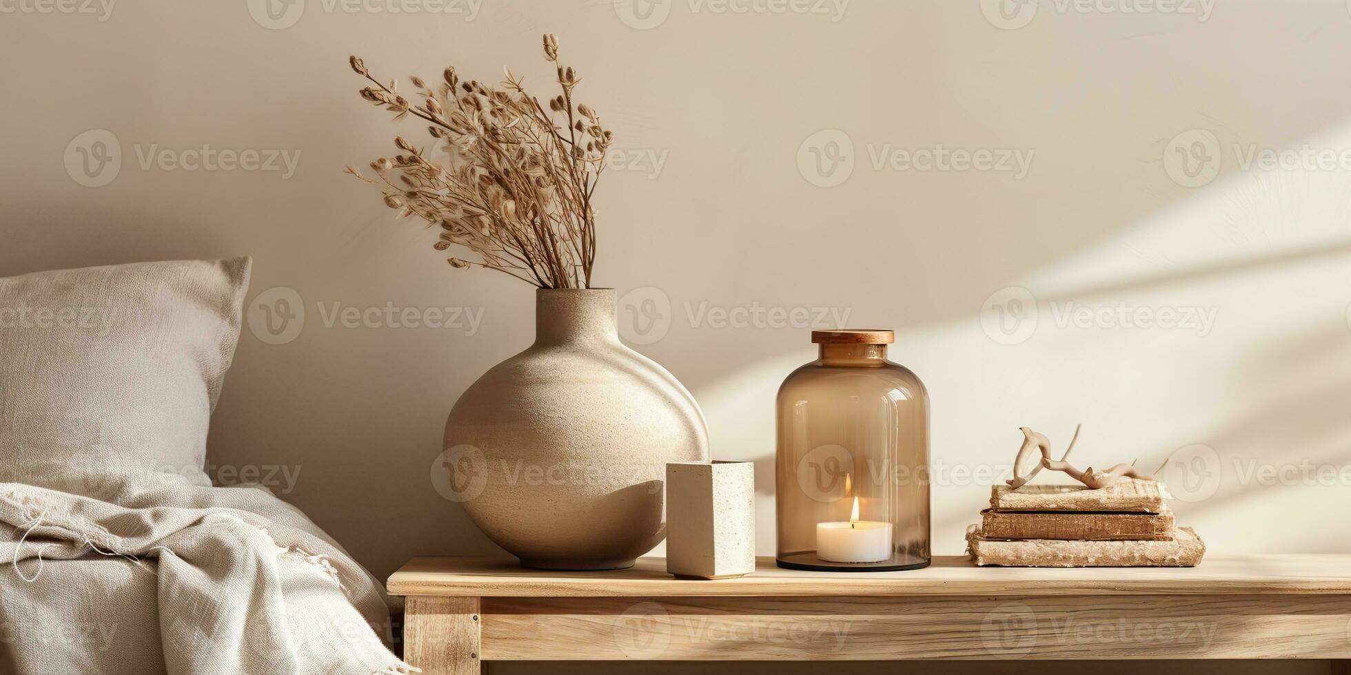 AI Generated. AI Generative. Hygge style house home room apartment design decoration wood table wall with plant and vase. Vacation scandinavian relax vibe. Graphic Art photo