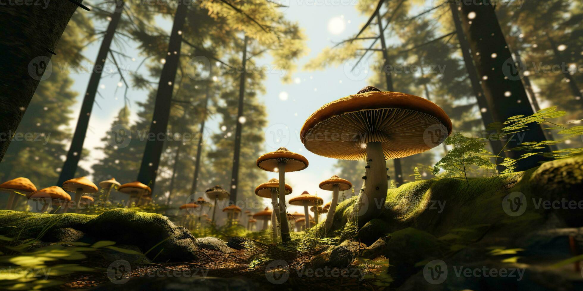 AI Generated. AI Generative. Outdoor nature wild landscape forest explore travel adventures with mushrooms find on ground. Graphic Art photo
