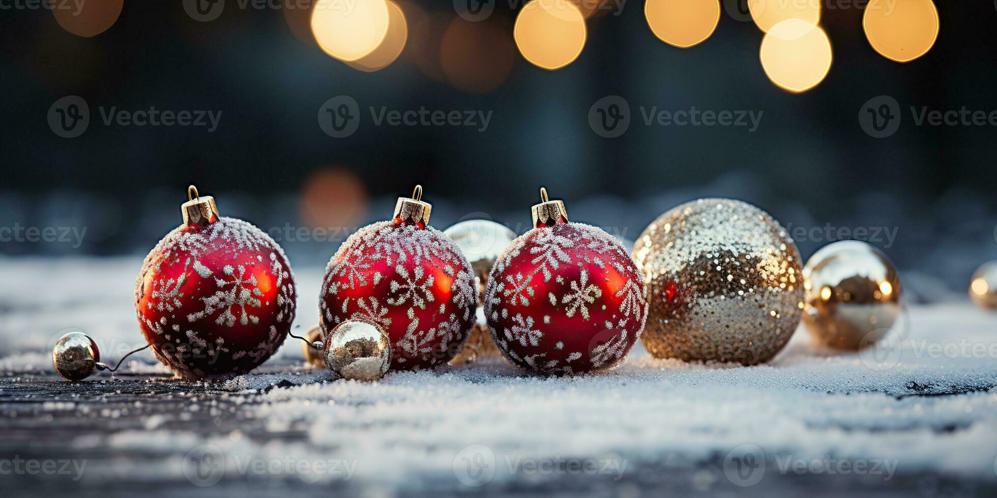 AI Generated. AI Generative. Merry Christmas New Year xmas holiday winter season with outdoor tree snow and red ball gifts. Graphic Art photo