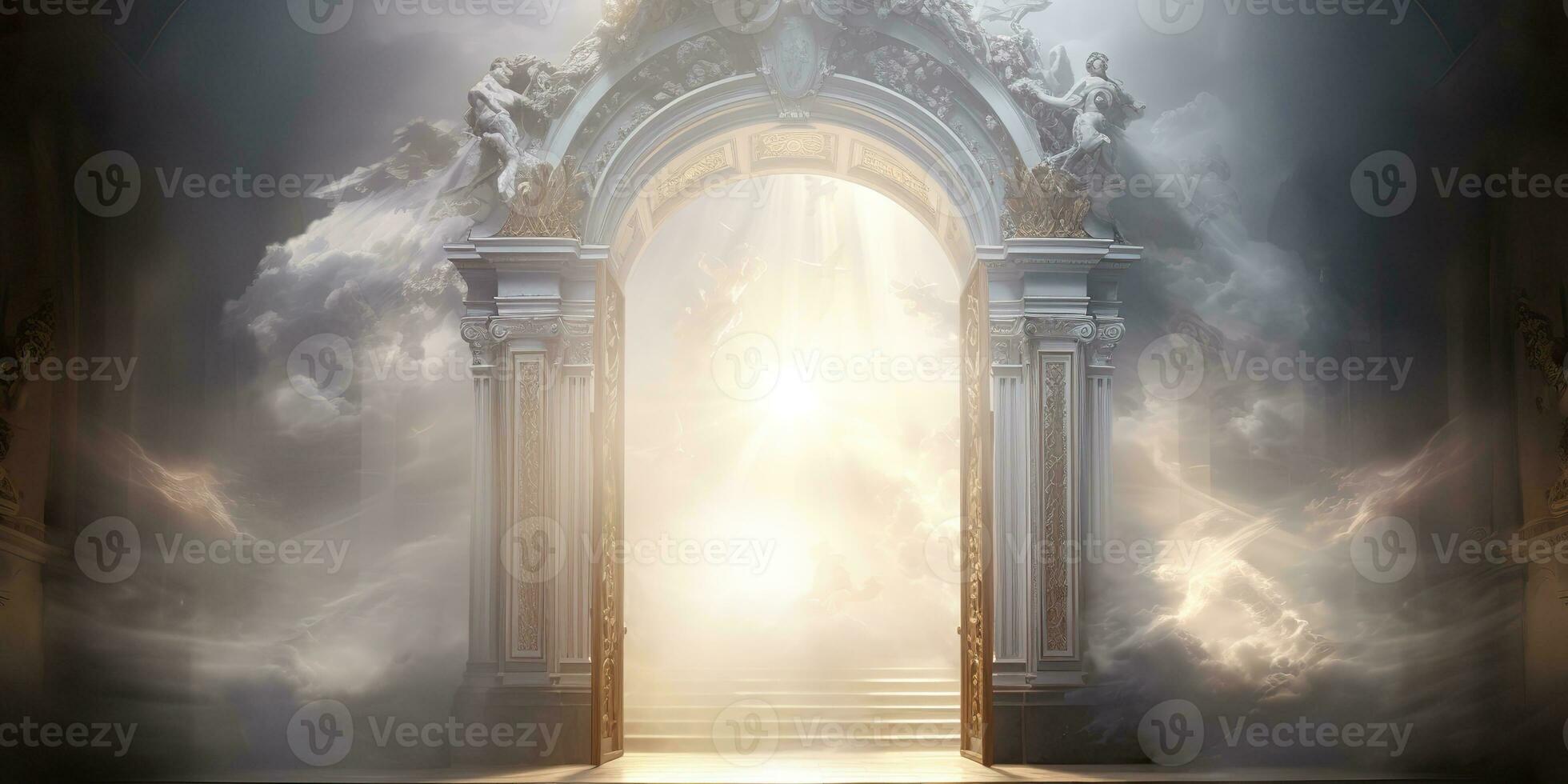 AI Generated. AI Generative. Baroque heaven inner space gate. Religion architecture temple entrance god sun meet fantasy gothic vibe. Graphic Art photo