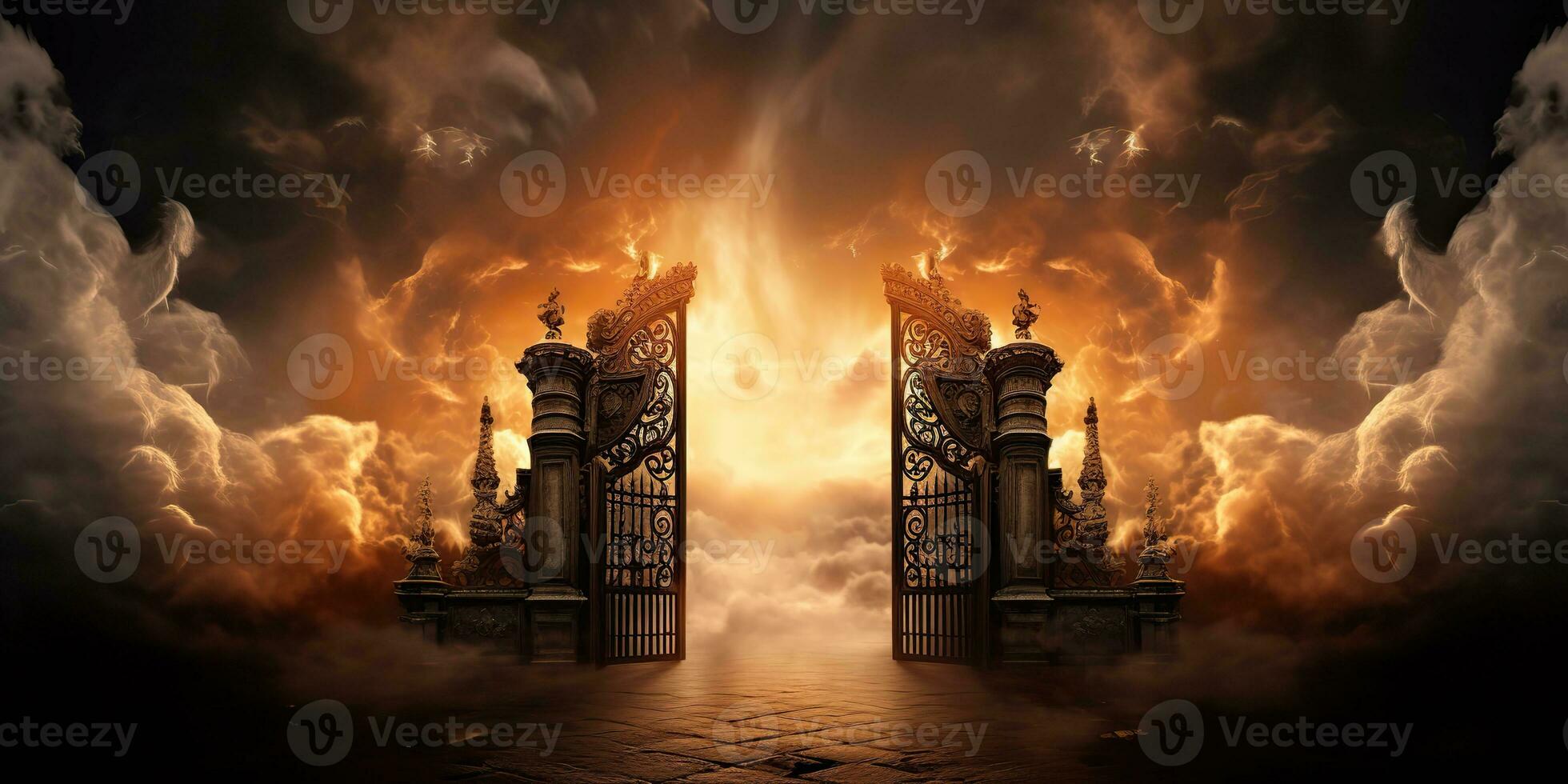 AI Generated. AI Generative. Baroque heaven inner space gate. Religion architecture temple entrance god sun meet fantasy gothic vibe. Graphic Art photo