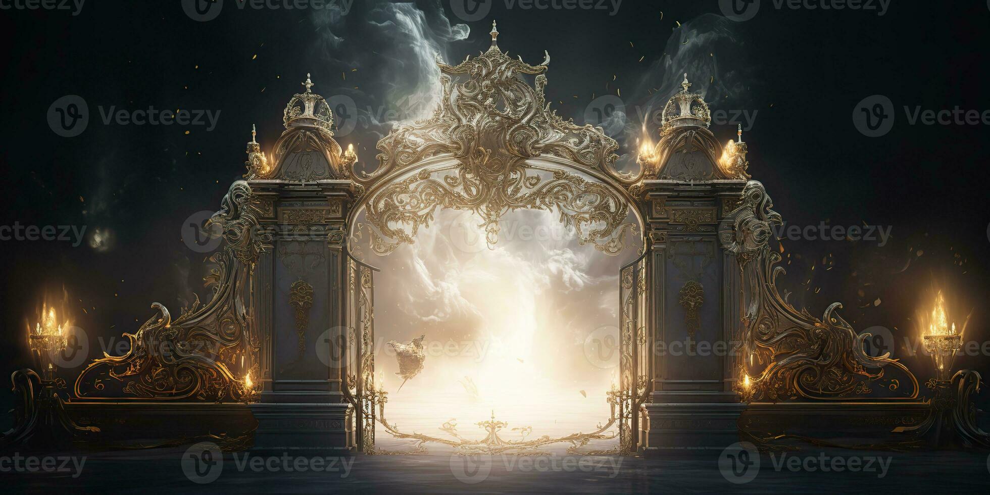 AI Generated. AI Generative. Baroque heaven inner space gate. Religion architecture temple entrance god sun meet fantasy gothic vibe. Graphic Art photo