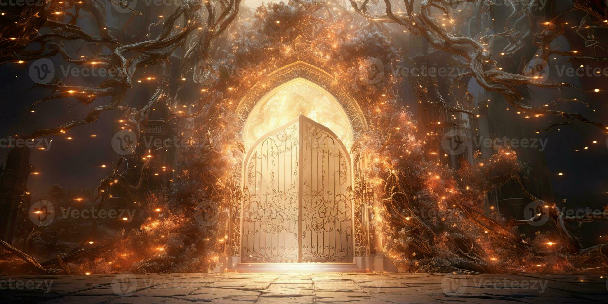 AI Generated. AI Generative. Baroque heaven inner space gate. Religion architecture temple entrance god sun meet fantasy gothic vibe. Graphic Art photo