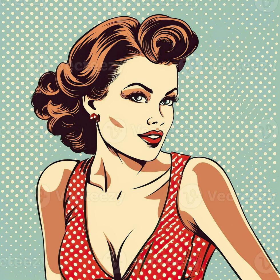 AI Generated. AI Generative. Pin up sexy attractive beautiful girl woman. Comics cartoon vintage retro 1940 1959 american culture classic poster. Graphic Art photo