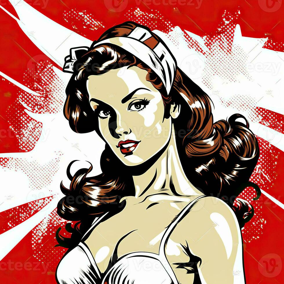 AI Generated. AI Generative. Pin up sexy attractive beautiful girl woman. Comics cartoon vintage retro 1940 1959 american culture classic poster. Graphic Art photo
