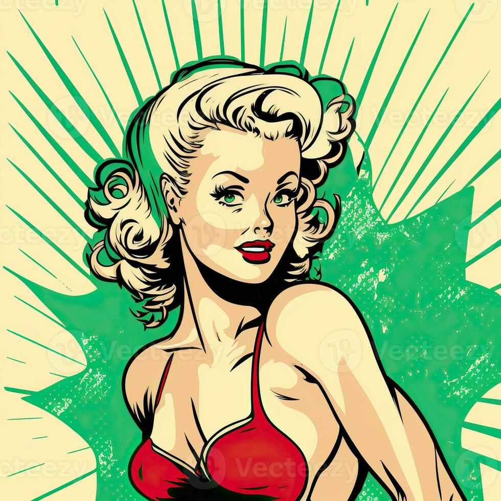 AI Generated. AI Generative. Pin up sexy attractive beautiful girl woman. Comics cartoon vintage retro 1940 1959 american culture classic poster. Graphic Art photo