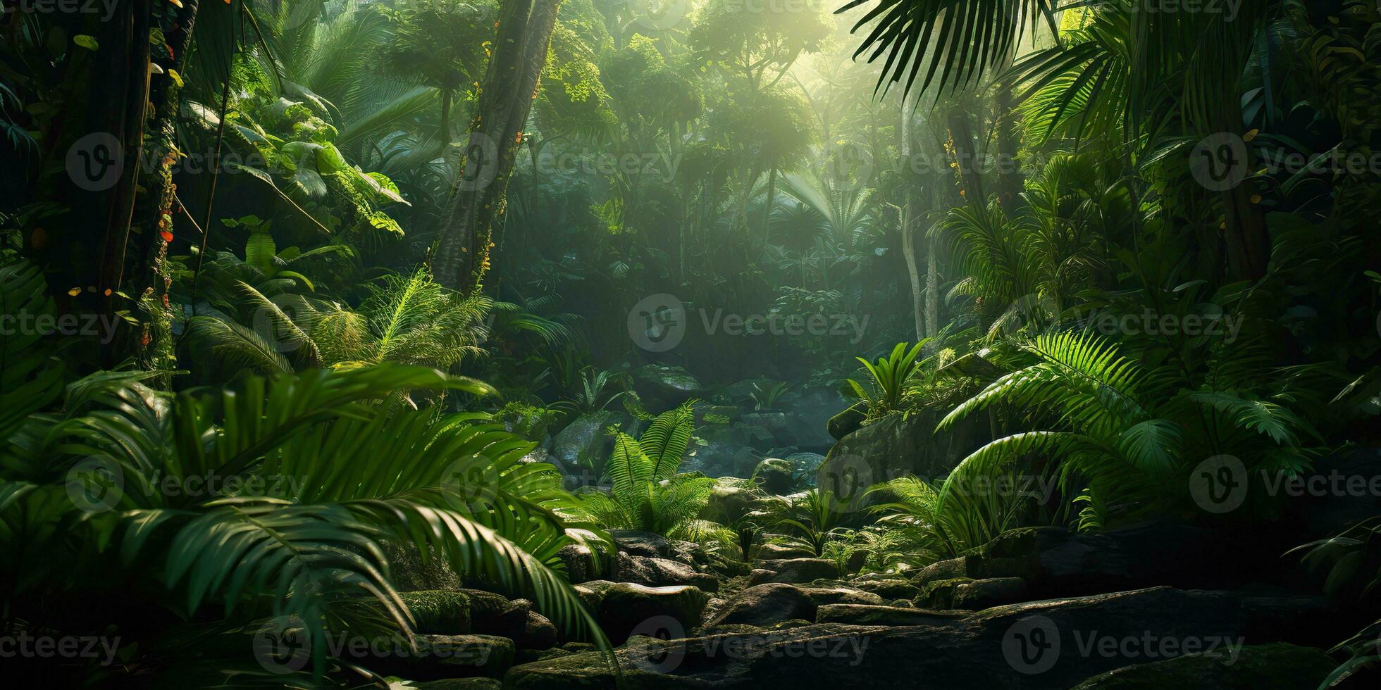 AI Generated. AI Generative. Wild tropical jungle forest park tree landscape. Adventure travel risky explore trip background landscape. Graphic Art photo