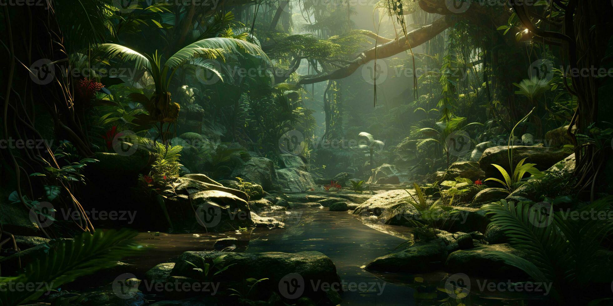 AI Generated. AI Generative. Wild tropical jungle forest park tree landscape. Adventure travel risky explore trip background landscape. Graphic Art photo