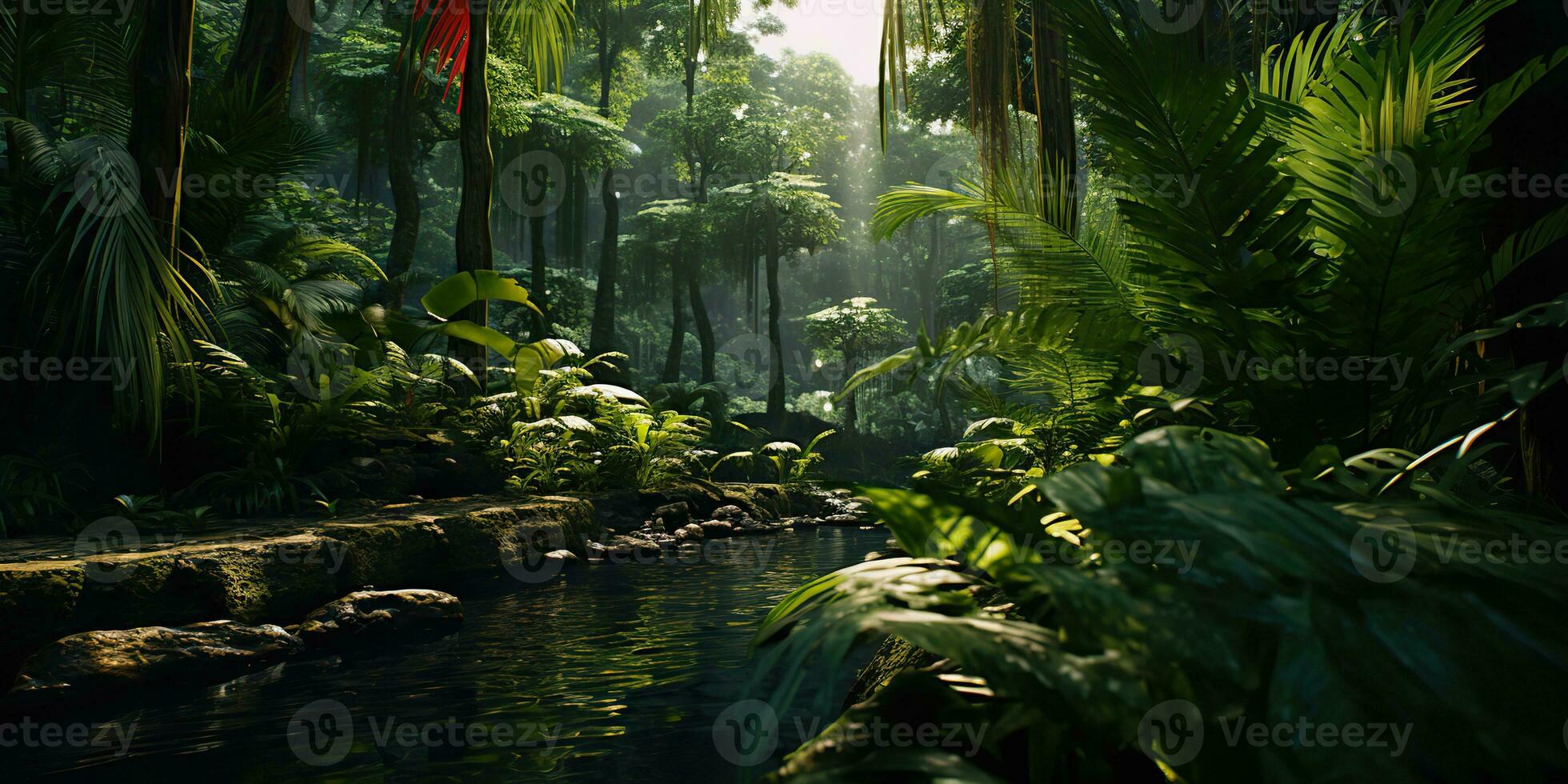 AI Generated. AI Generative. Wild tropical jungle forest park tree landscape. Adventure travel risky explore trip background landscape. Graphic Art photo