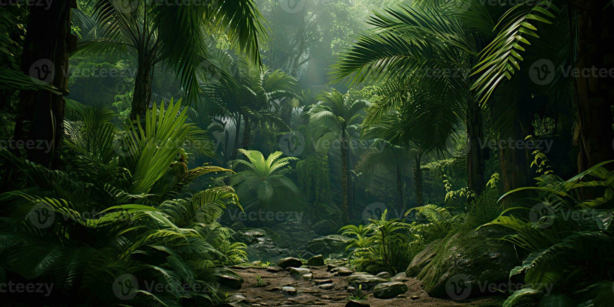 AI Generated. AI Generative. Wild tropical jungle forest park tree landscape. Adventure travel risky explore trip background landscape. Graphic Art photo