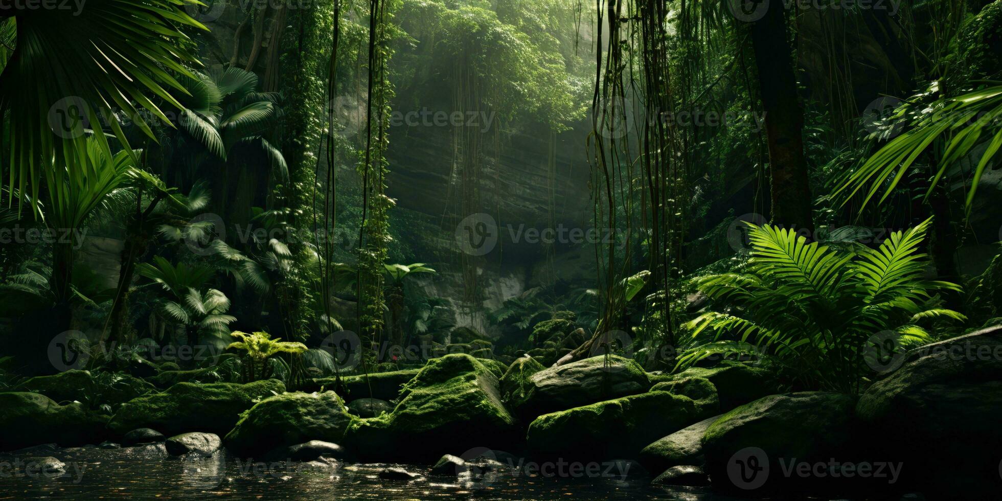 AI Generated. AI Generative. Wild tropical jungle forest park tree landscape. Adventure travel risky explore trip background landscape. Graphic Art photo