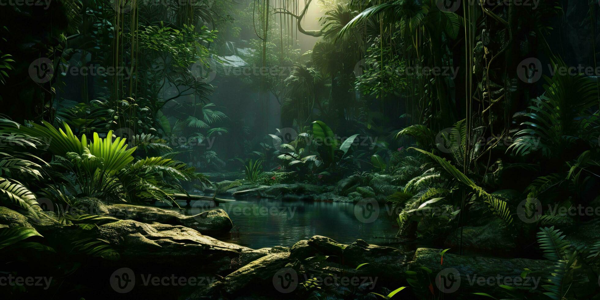 AI Generated. AI Generative. Wild tropical jungle forest park tree landscape. Adventure travel risky explore trip background landscape. Graphic Art photo