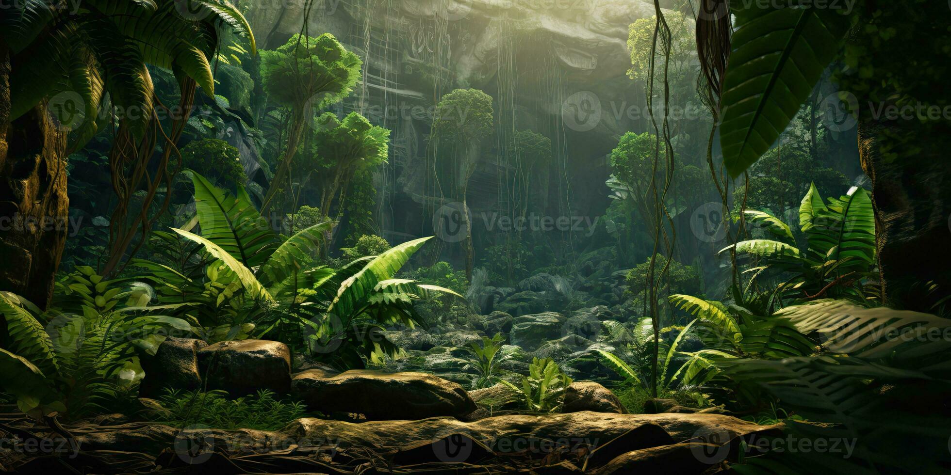 AI Generated. AI Generative. Wild tropical jungle forest park tree landscape. Adventure travel risky explore trip background landscape. Graphic Art photo