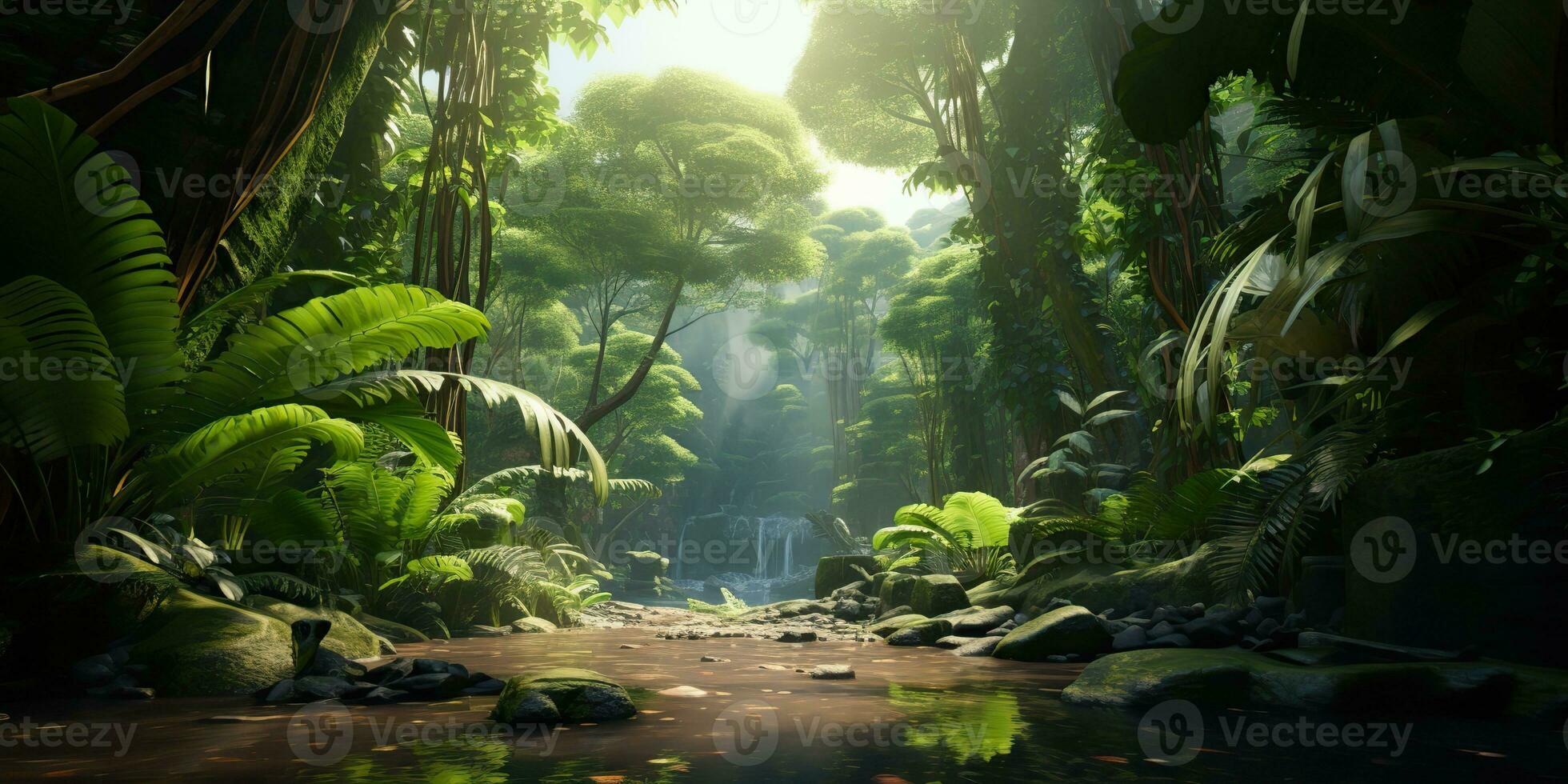 AI Generated. AI Generative. Wild tropical jungle forest park tree landscape. Adventure travel risky explore trip background landscape. Graphic Art photo