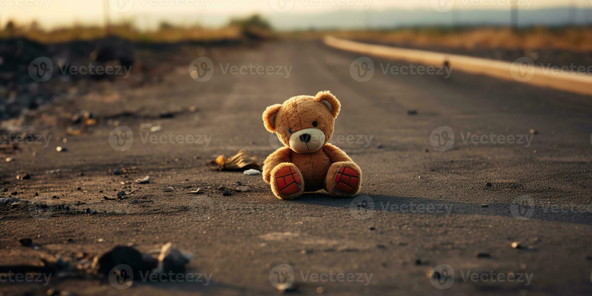 AI Generated. AI Generative. Lonely broken lost bear animal toy game on the road. Sad vibe background. Graphic Art photo