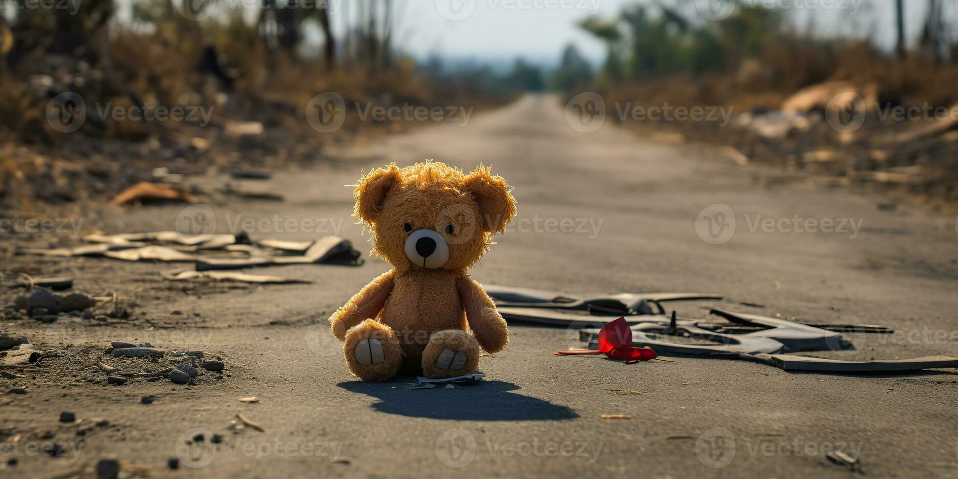 AI Generated. AI Generative. Lonely broken lost bear animal toy game on the road. Sad vibe background. Graphic Art photo