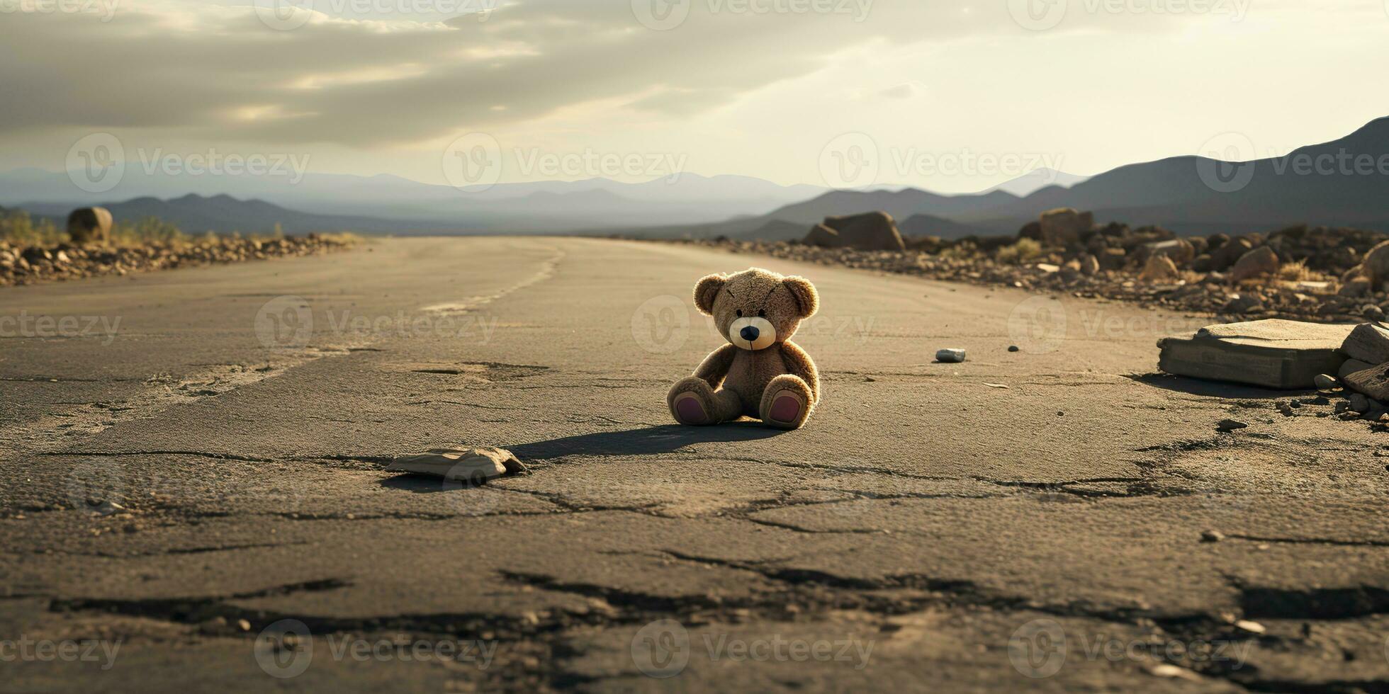 AI Generated. AI Generative. Lonely broken lost bear animal toy game on the road. Sad vibe background. Graphic Art photo