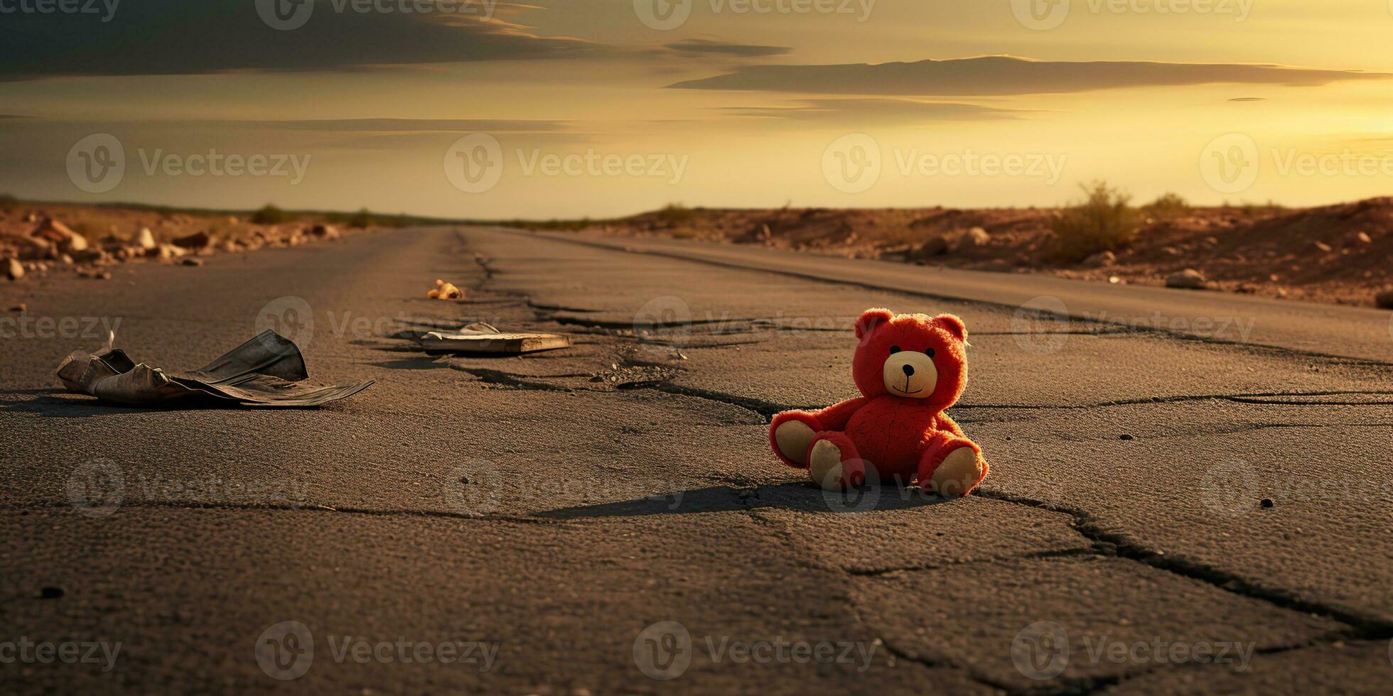 AI Generated. AI Generative. Lonely broken lost bear animal toy game on the road. Sad vibe background. Graphic Art photo