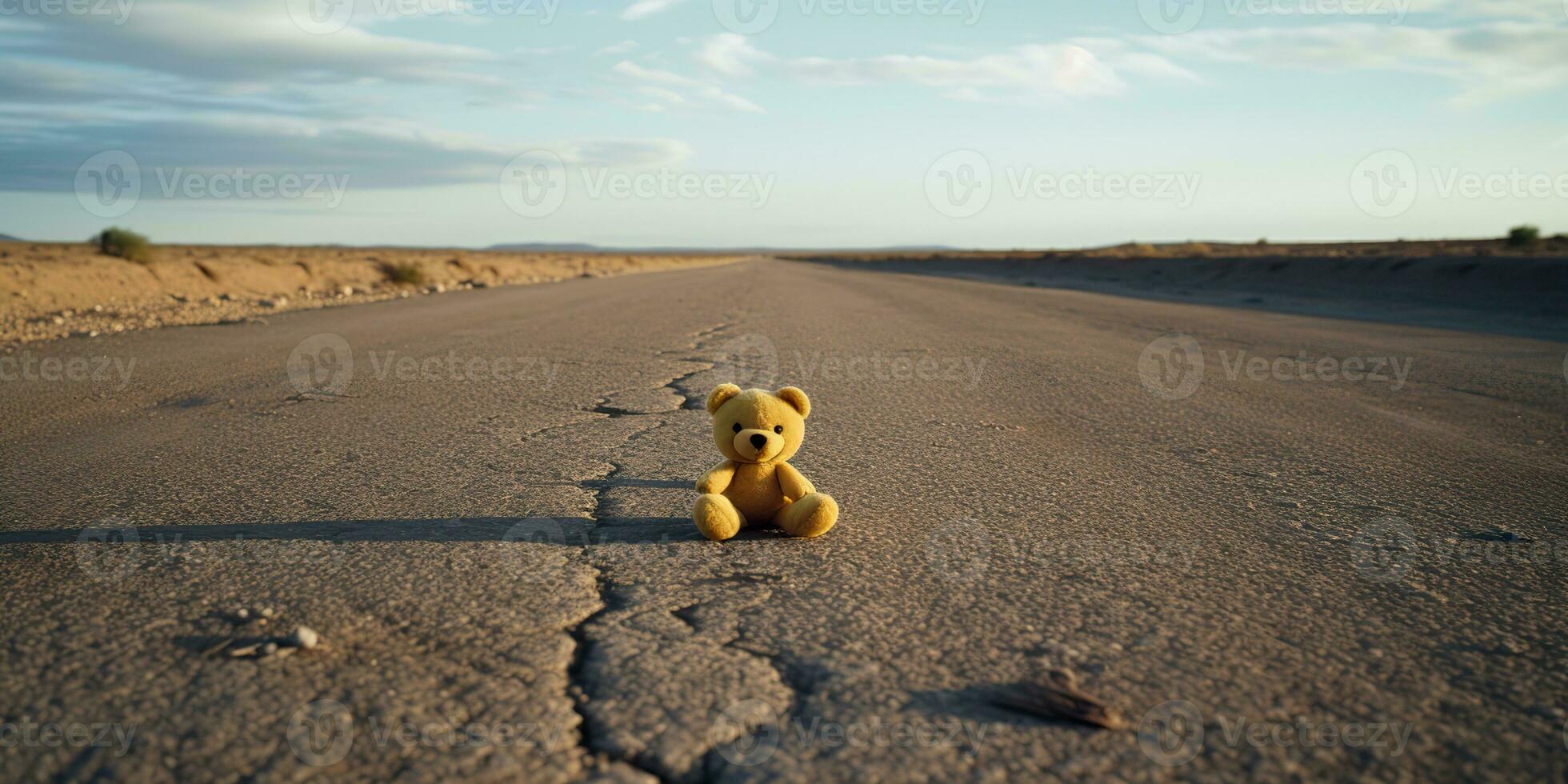 AI Generated. AI Generative. Lonely broken lost bear animal toy game on the road. Sad vibe background. Graphic Art photo