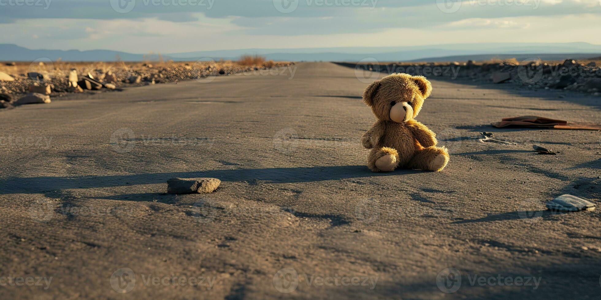 AI Generated. AI Generative. Lonely broken lost bear animal toy game on the road. Sad vibe background. Graphic Art photo